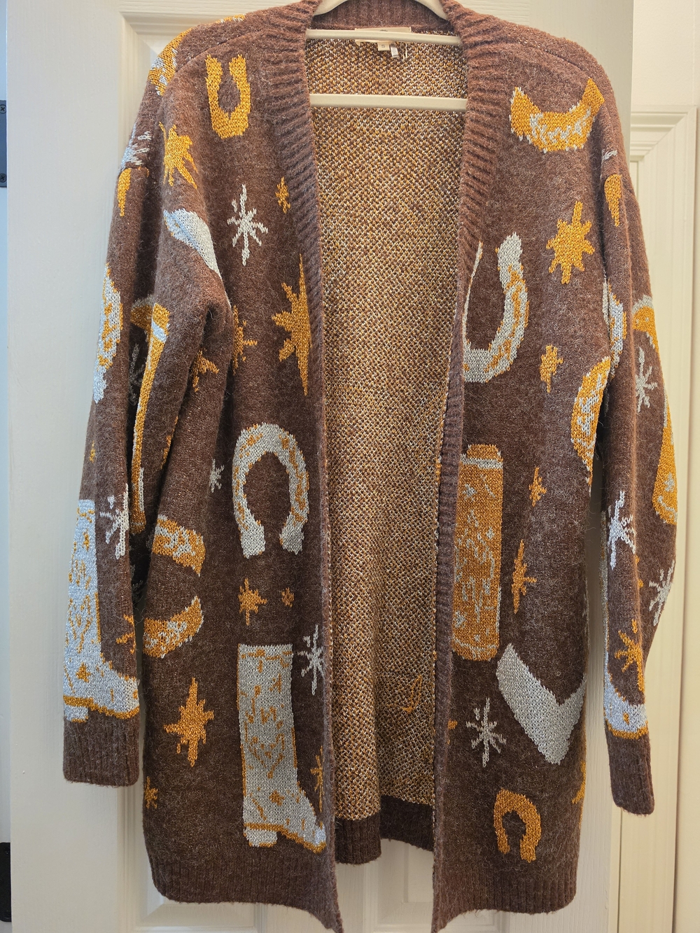 Entro Brown Open-Front Cardigan with Yellow and Light Gray Western Motifs SM